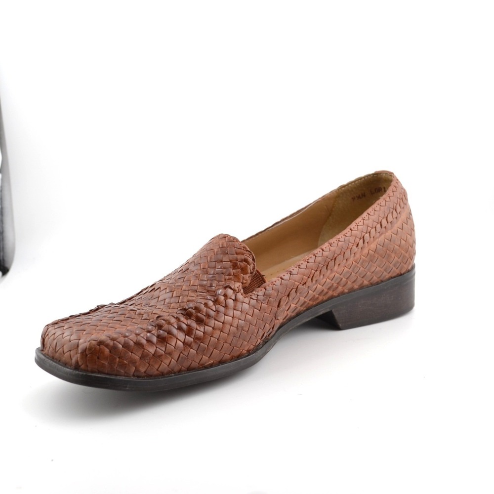 Trotters Lori Loafers Womens 7.5N Brown Excellent Woven Leather Square Toe